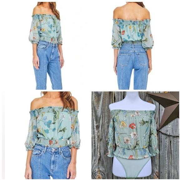 OffShoulder Bodysuit ASTR Lucy Size XS Sage Green Floral Smocked Ruffle Crop NWT - Picture 6 of 9